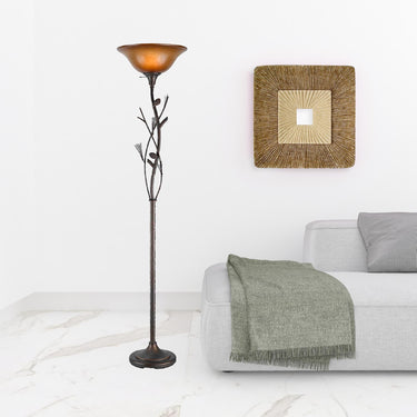 Amber Torchiere Floor Lamp With Brown Glass Dome Shade